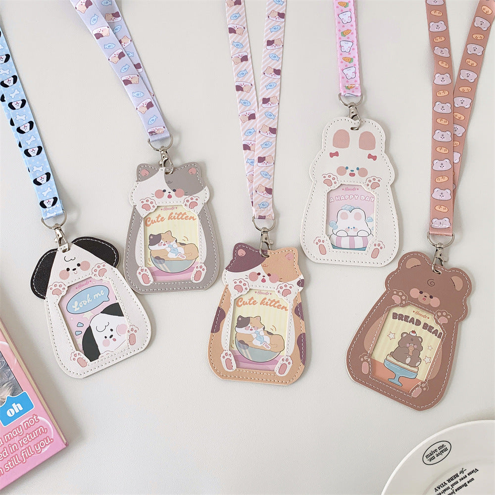 Cute Pet Pu Card Holder with Lanyard Work Card Student Meal Card Access Card Id Protective Cover Hanging Neck Bus Card