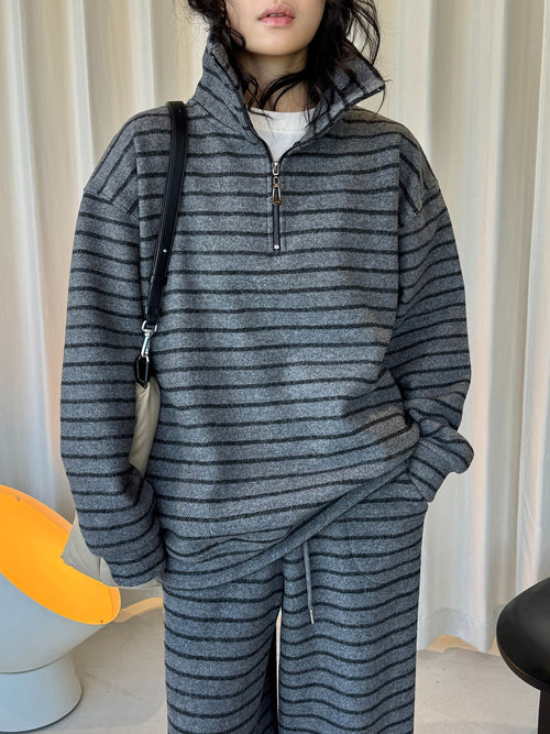 Louvre Winter New Korean Retro Lazy Style Contrasting Stripesd High-Neck Zipper Sweatshirt Warm and Comfortable Top for Women