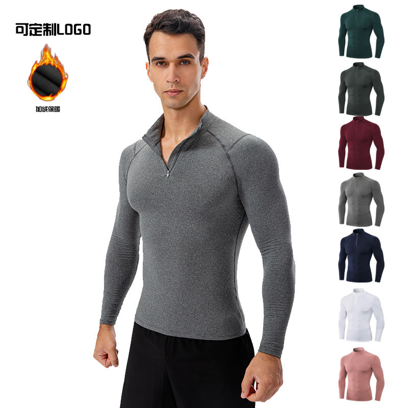 Men's Autumn and Winter Fleece-lined Fitness Clothes High-elastic Tight-fitting Sports Basketball Running Training Long-sleeved Half-zipper Collar Sweater