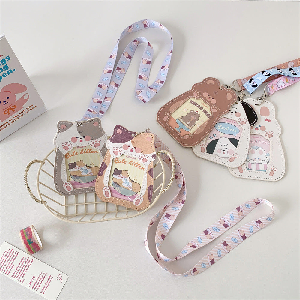 Cute Pet Pu Card Holder with Lanyard Work Card Student Meal Card Access Card Id Protective Cover Hanging Neck Bus Card