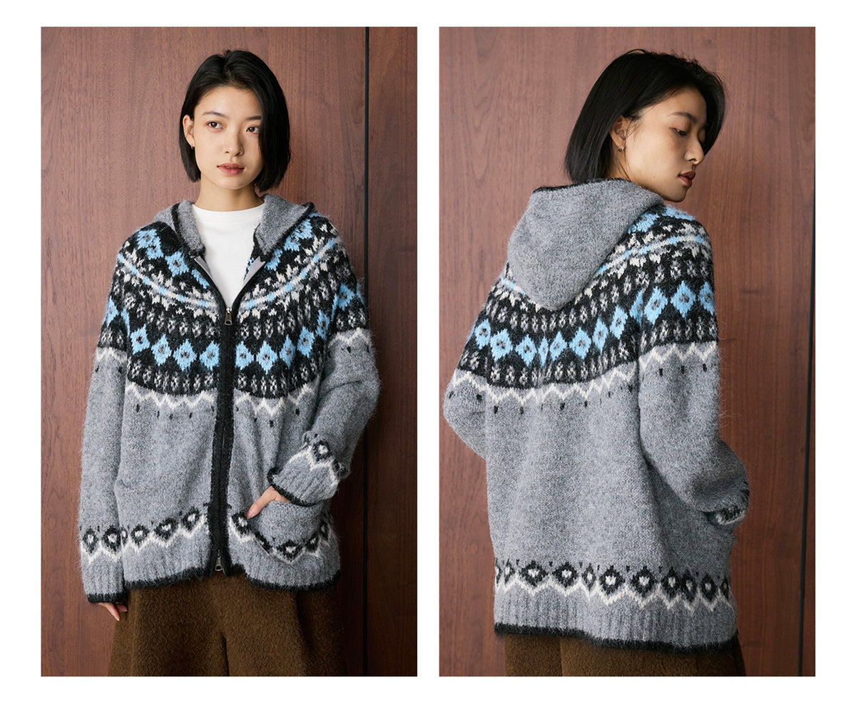 Louvre Winter New Korean Style Retro Lazy Style Jacquard Hooded Knitted Wool Sweater Loose Warm Top for Women