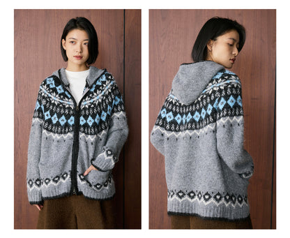 Louvre Winter New Korean Style Retro Lazy Style Jacquard Hooded Knitted Wool Sweater Loose Warm Top for Women