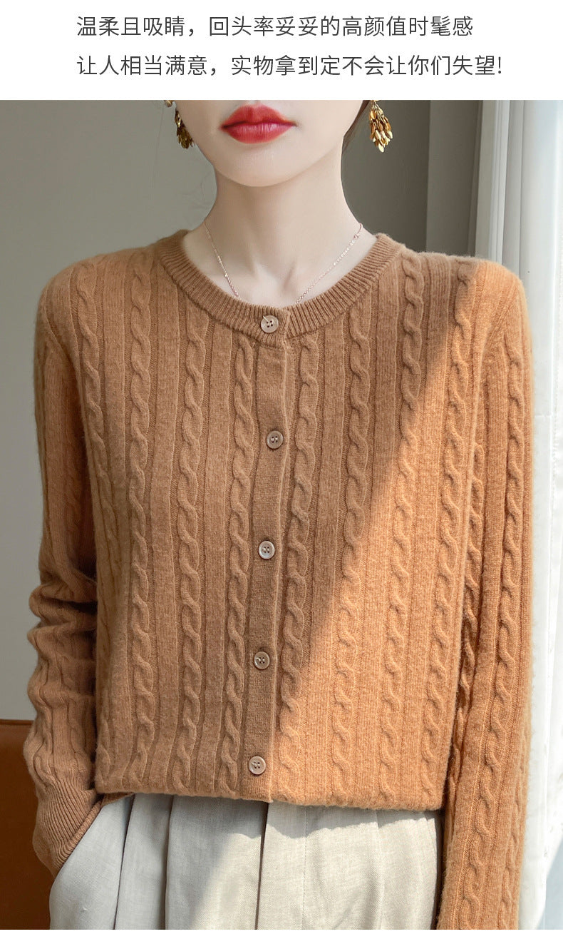 Spring and Autumn Round Neck Sweater Women's 2025 New Single-Breasted Jacket Solid Color Twist Cardigan Western Style Sweater Outerwear