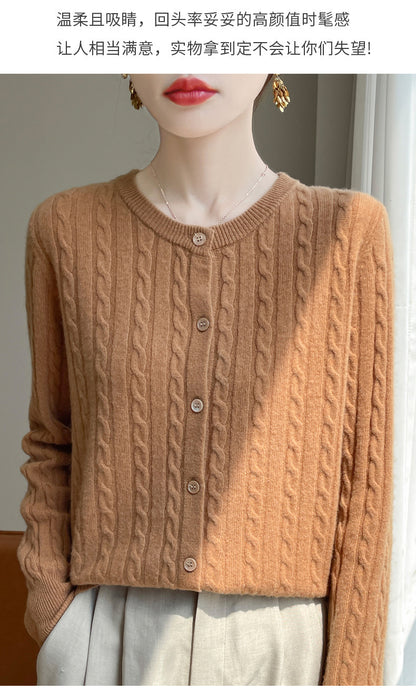Spring and Autumn Round Neck Sweater Women's 2025 New Single-Breasted Jacket Solid Color Twist Cardigan Western Style Sweater Outerwear