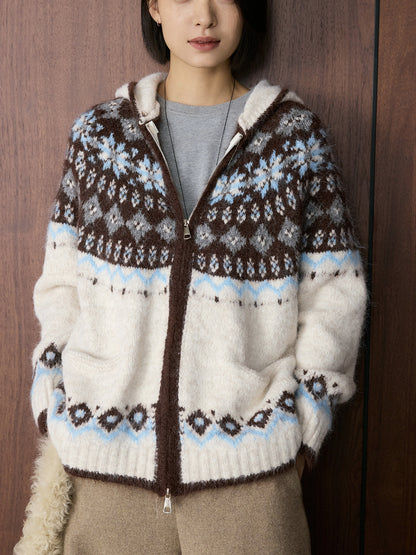 Louvre Winter New Korean Style Retro Lazy Style Jacquard Hooded Knitted Wool Sweater Loose Warm Top for Women