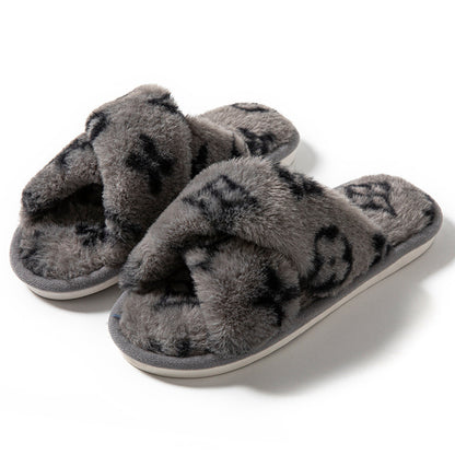 Four-leaf clover cross-opening cross-border foreign trade open-toe women's slippers autumn and winter four seasons open-ended slippers imitation rabbit hair