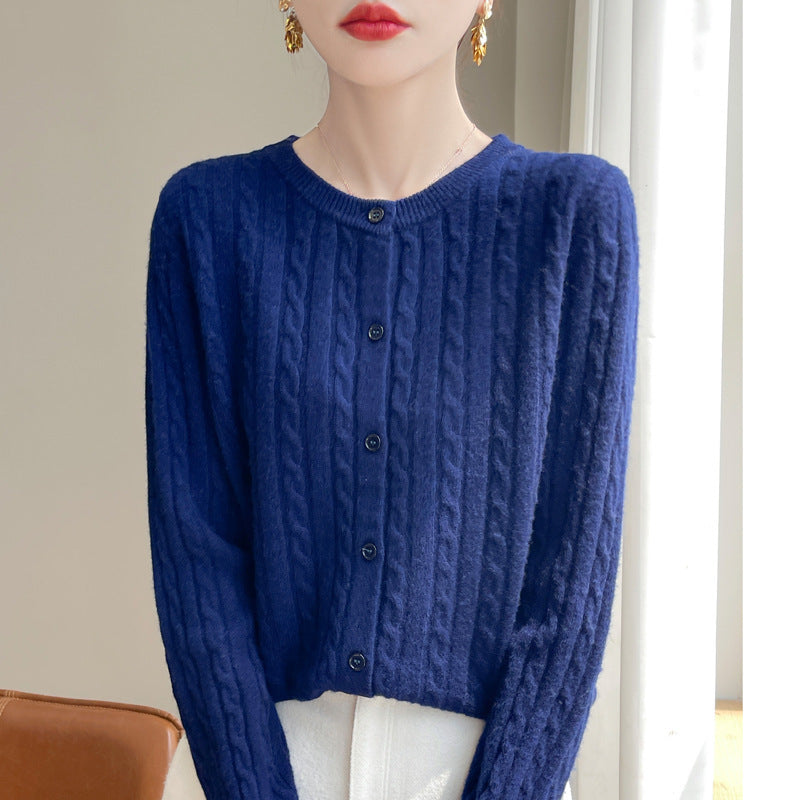 Spring and Autumn Round Neck Sweater Women's 2025 New Single-Breasted Jacket Solid Color Twist Cardigan Western Style Sweater Outerwear