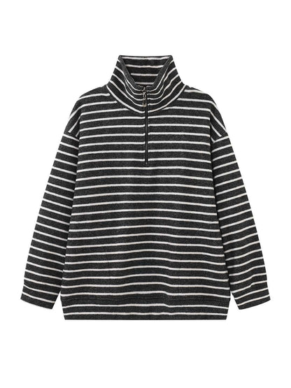 Louvre Winter New Korean Retro Lazy Style Contrasting Stripesd High-Neck Zipper Sweatshirt Warm and Comfortable Top for Women