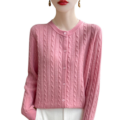 Spring and Autumn Round Neck Sweater Women's 2025 New Single-Breasted Jacket Solid Color Twist Cardigan Western Style Sweater Outerwear
