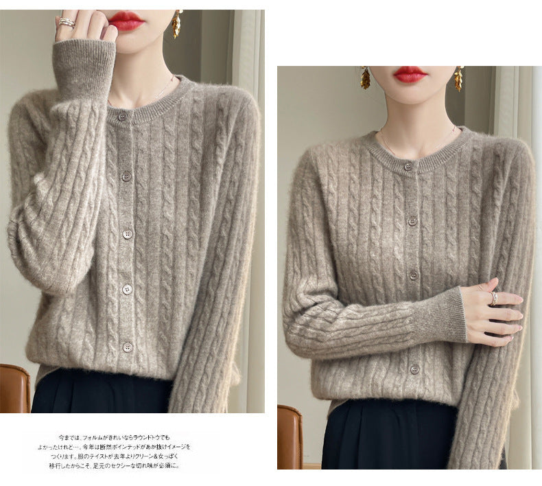Spring and Autumn Round Neck Sweater Women's 2025 New Single-Breasted Jacket Solid Color Twist Cardigan Western Style Sweater Outerwear