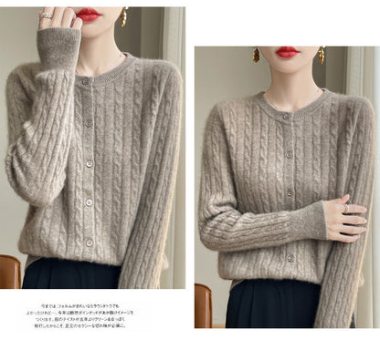 Spring and Autumn Round Neck Sweater Women's 2025 New Single-Breasted Jacket Solid Color Twist Cardigan Western Style Sweater Outerwear