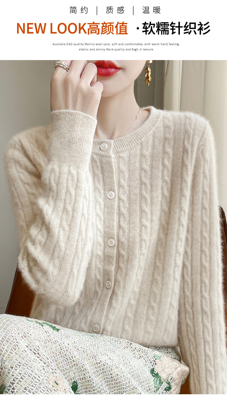 Spring and Autumn Round Neck Sweater Women's 2025 New Single-Breasted Jacket Solid Color Twist Cardigan Western Style Sweater Outerwear