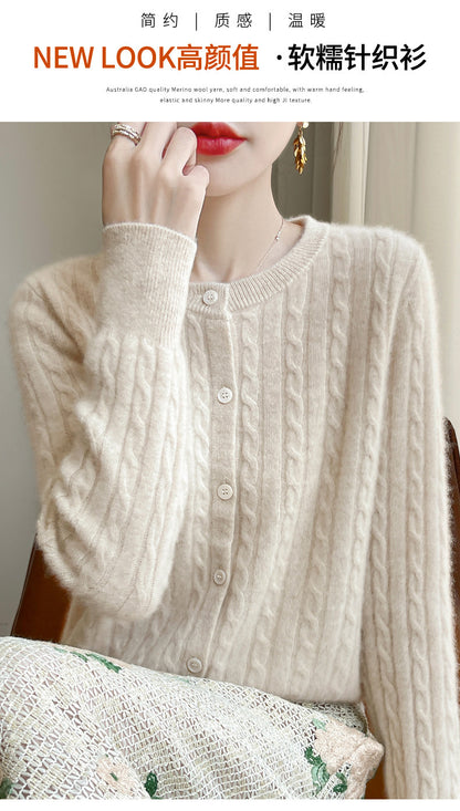Spring and Autumn Round Neck Sweater Women's 2025 New Single-Breasted Jacket Solid Color Twist Cardigan Western Style Sweater Outerwear