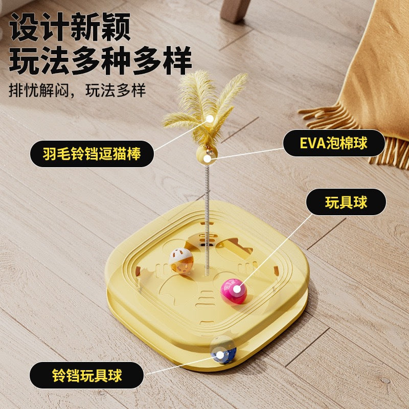 Cat Toy Interactive Play Tray Self-Entertainment Boredom-Relief Cat Toy Feather Bell Cat Teaser Stick Pet Educational Toy