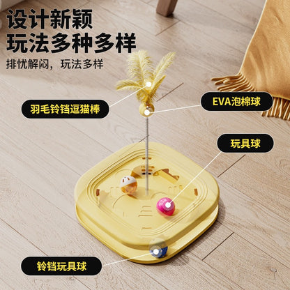 Cat Toy Interactive Play Tray Self-Entertainment Boredom-Relief Cat Toy Feather Bell Cat Teaser Stick Pet Educational Toy