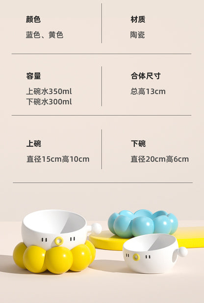 Ceramic Pet Bowl, Universal Non-Slip Cat and Dog Food Bowl, Neck Guard, Slanted Mouth Bowl, Detachable, Deepened, Anti-Splash Water Bowl Set