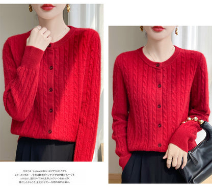 Spring and Autumn Round Neck Sweater Women's 2025 New Single-Breasted Jacket Solid Color Twist Cardigan Western Style Sweater Outerwear