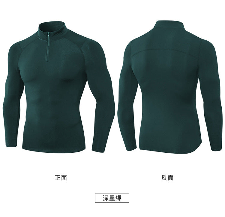 Men's Autumn and Winter Fleece-lined Fitness Clothes High-elastic Tight-fitting Sports Basketball Running Training Long-sleeved Half-zipper Collar Sweater