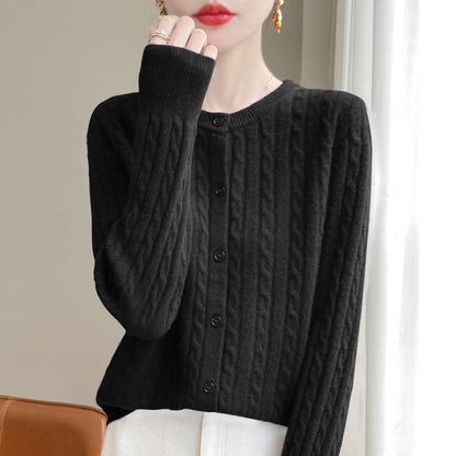 Spring and Autumn Round Neck Sweater Women's 2025 New Single-Breasted Jacket Solid Color Twist Cardigan Western Style Sweater Outerwear