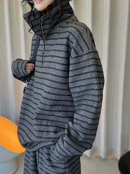 Louvre Winter New Korean Retro Lazy Style Contrasting Stripesd High-Neck Zipper Sweatshirt Warm and Comfortable Top for Women