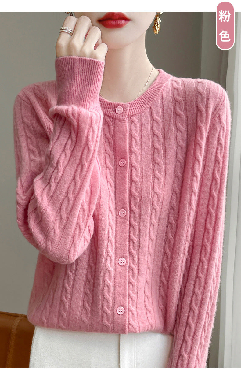 Spring and Autumn Round Neck Sweater Women's 2025 New Single-Breasted Jacket Solid Color Twist Cardigan Western Style Sweater Outerwear