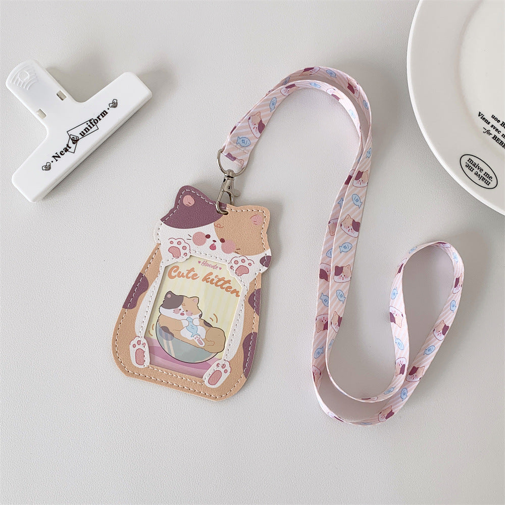 Cute Pet Pu Card Holder with Lanyard Work Card Student Meal Card Access Card Id Protective Cover Hanging Neck Bus Card
