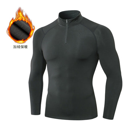 Men's Autumn and Winter Fleece-lined Fitness Clothes High-elastic Tight-fitting Sports Basketball Running Training Long-sleeved Half-zipper Collar Sweater
