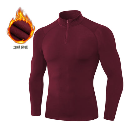 Men's Autumn and Winter Fleece-lined Fitness Clothes High-elastic Tight-fitting Sports Basketball Running Training Long-sleeved Half-zipper Collar Sweater