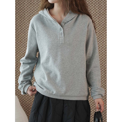 Louvre Winter New Korean Style Simple and Relaxed Half-Cardigan Hooded Long-Sleeved Sweatshirt Silhouette Loose Top for Women