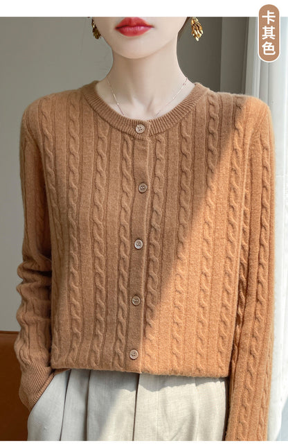 Spring and Autumn Round Neck Sweater Women's 2025 New Single-Breasted Jacket Solid Color Twist Cardigan Western Style Sweater Outerwear