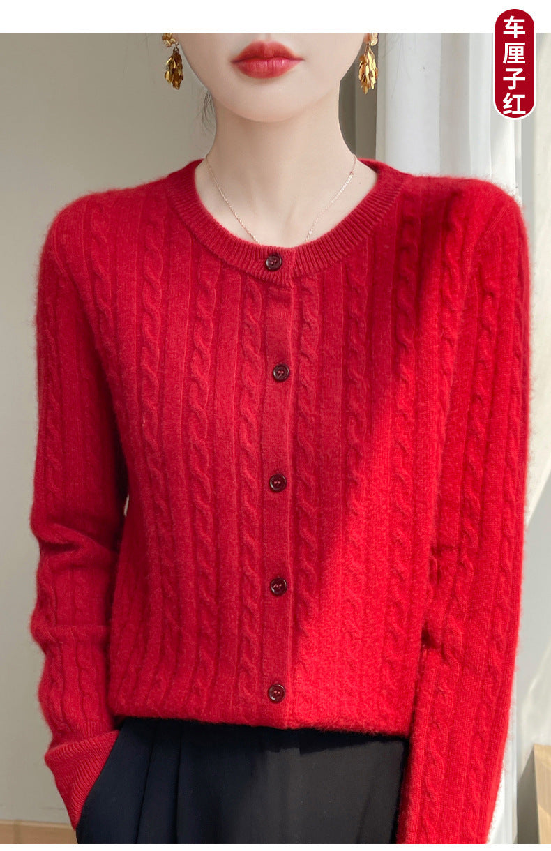 Spring and Autumn Round Neck Sweater Women's 2025 New Single-Breasted Jacket Solid Color Twist Cardigan Western Style Sweater Outerwear