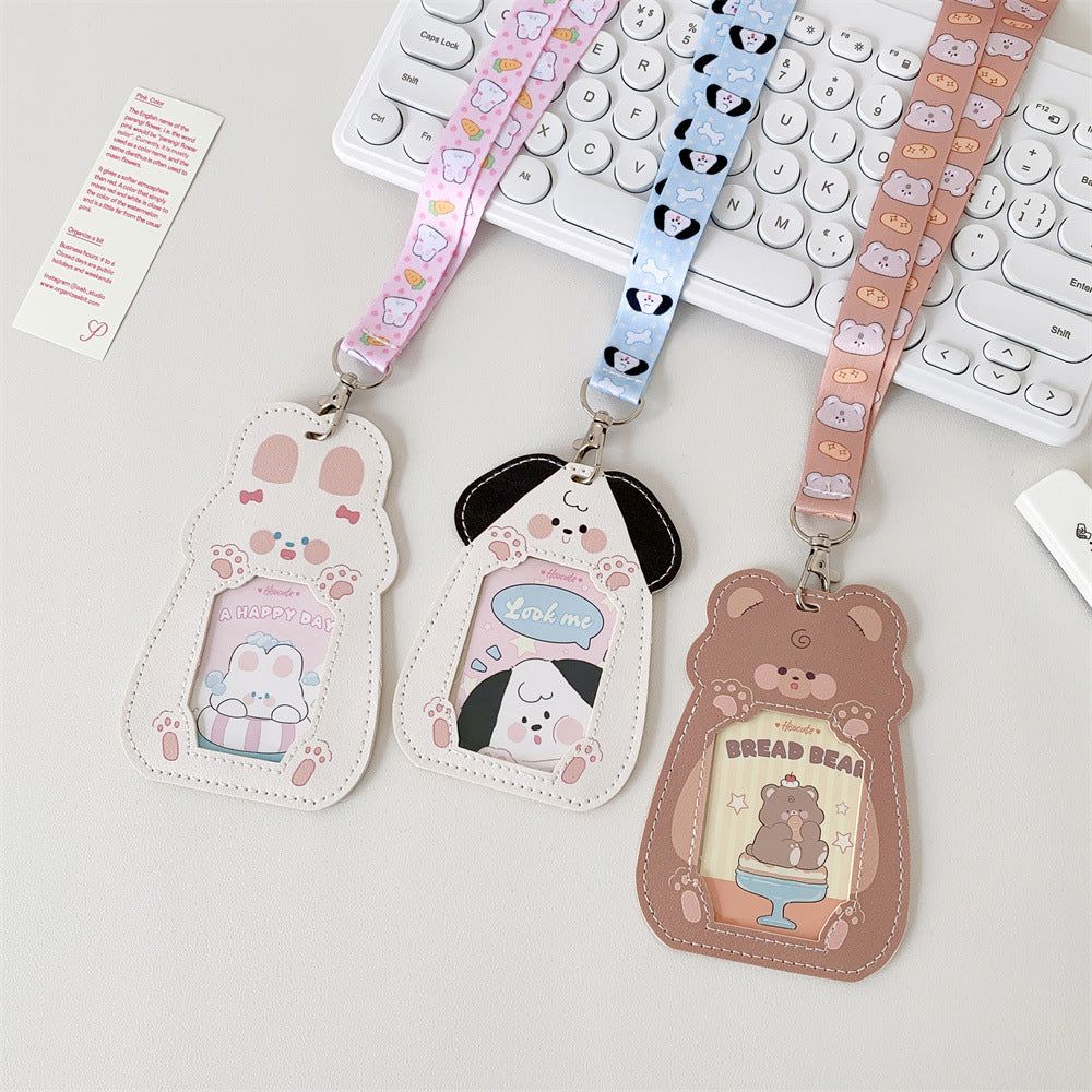 Cute Pet Pu Card Holder with Lanyard Work Card Student Meal Card Access Card Id Protective Cover Hanging Neck Bus Card