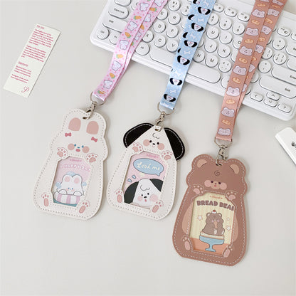 Cute Pet Pu Card Holder with Lanyard Work Card Student Meal Card Access Card Id Protective Cover Hanging Neck Bus Card