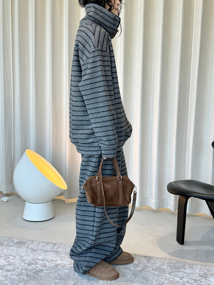 Louvre Winter New Korean Retro Lazy Style Contrasting Stripesd High-Neck Zipper Sweatshirt Warm and Comfortable Top for Women