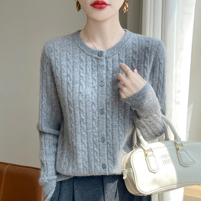 Spring and Autumn Round Neck Sweater Women's 2025 New Single-Breasted Jacket Solid Color Twist Cardigan Western Style Sweater Outerwear