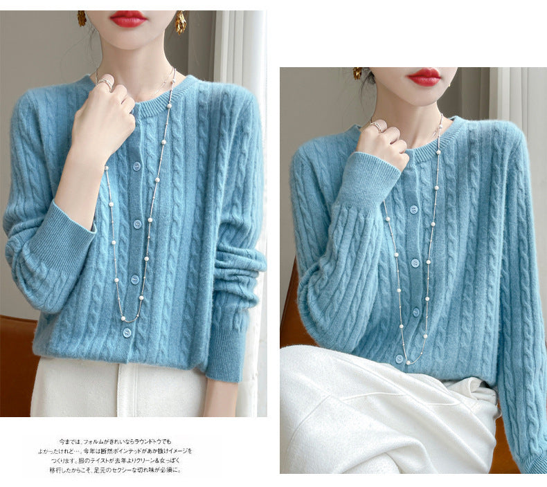 Spring and Autumn Round Neck Sweater Women's 2025 New Single-Breasted Jacket Solid Color Twist Cardigan Western Style Sweater Outerwear