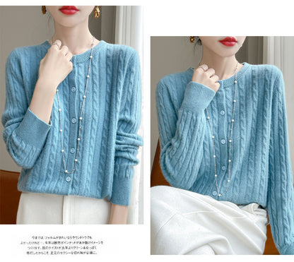 Spring and Autumn Round Neck Sweater Women's 2025 New Single-Breasted Jacket Solid Color Twist Cardigan Western Style Sweater Outerwear