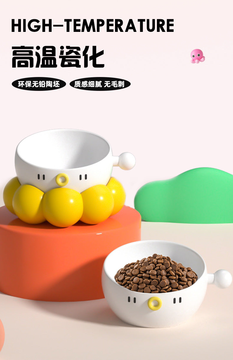 Ceramic Pet Bowl, Universal Non-Slip Cat and Dog Food Bowl, Neck Guard, Slanted Mouth Bowl, Detachable, Deepened, Anti-Splash Water Bowl Set
