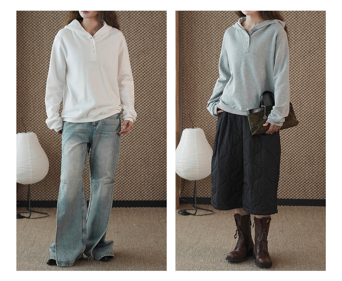 Louvre Winter New Korean Style Simple and Relaxed Half-Cardigan Hooded Long-Sleeved Sweatshirt Silhouette Loose Top for Women
