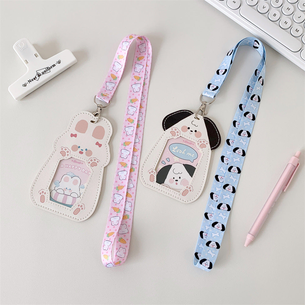 Cute Pet Pu Card Holder with Lanyard Work Card Student Meal Card Access Card Id Protective Cover Hanging Neck Bus Card