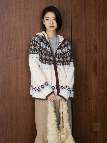 Louvre Winter New Korean Style Retro Lazy Style Jacquard Hooded Knitted Wool Sweater Loose Warm Top for Women