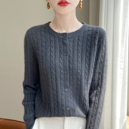 Spring and Autumn Round Neck Sweater Women's 2025 New Single-Breasted Jacket Solid Color Twist Cardigan Western Style Sweater Outerwear