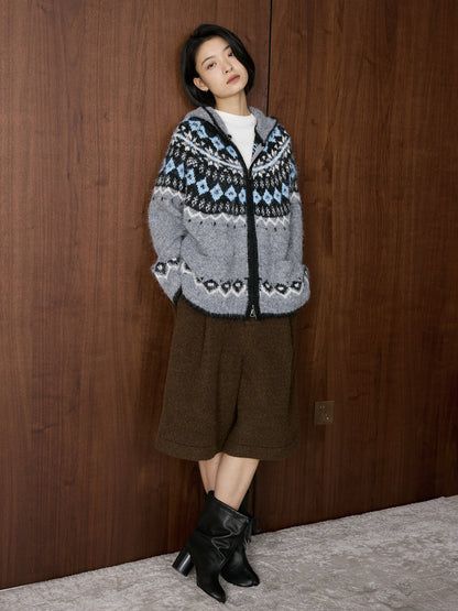 Louvre Winter New Korean Style Retro Lazy Style Jacquard Hooded Knitted Wool Sweater Loose Warm Top for Women