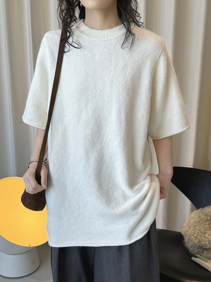 Louvre Early Spring New Korean Style Simple Round Neck Knitted Slightly Curled Sweater Soft and Comfortable Casual Top for Women