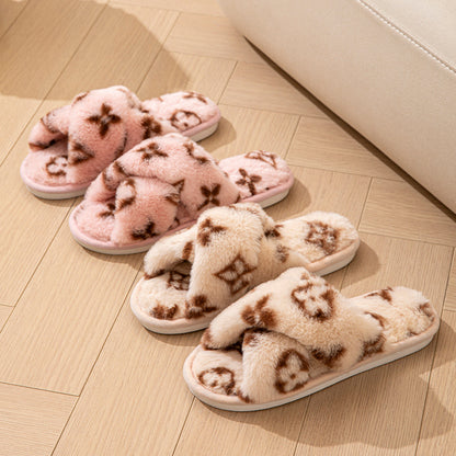 Four-leaf clover cross-opening cross-border foreign trade open-toe women's slippers autumn and winter four seasons open-ended slippers imitation rabbit hair