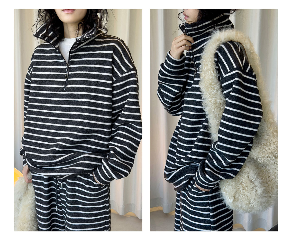 Louvre Winter New Korean Retro Lazy Style Contrasting Stripesd High-Neck Zipper Sweatshirt Warm and Comfortable Top for Women