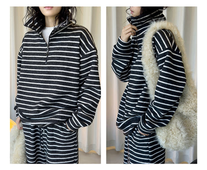 Louvre Winter New Korean Retro Lazy Style Contrasting Stripesd High-Neck Zipper Sweatshirt Warm and Comfortable Top for Women