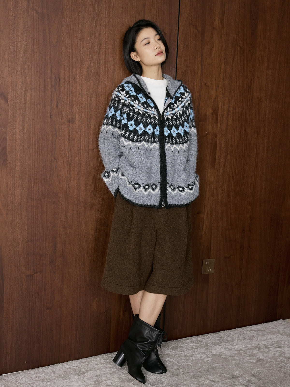 Louvre Winter New Korean Style Retro Lazy Style Jacquard Hooded Knitted Wool Sweater Loose Warm Top for Women
