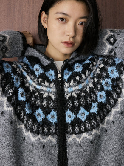 Louvre Winter New Korean Style Retro Lazy Style Jacquard Hooded Knitted Wool Sweater Loose Warm Top for Women