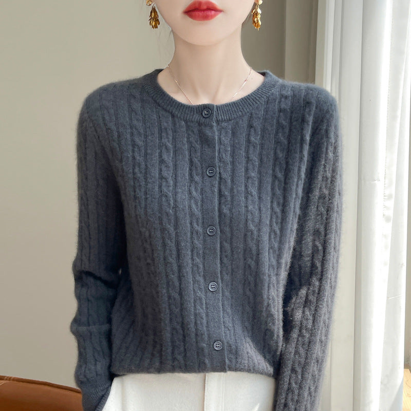Spring and Autumn Round Neck Sweater Women's 2025 New Single-Breasted Jacket Solid Color Twist Cardigan Western Style Sweater Outerwear